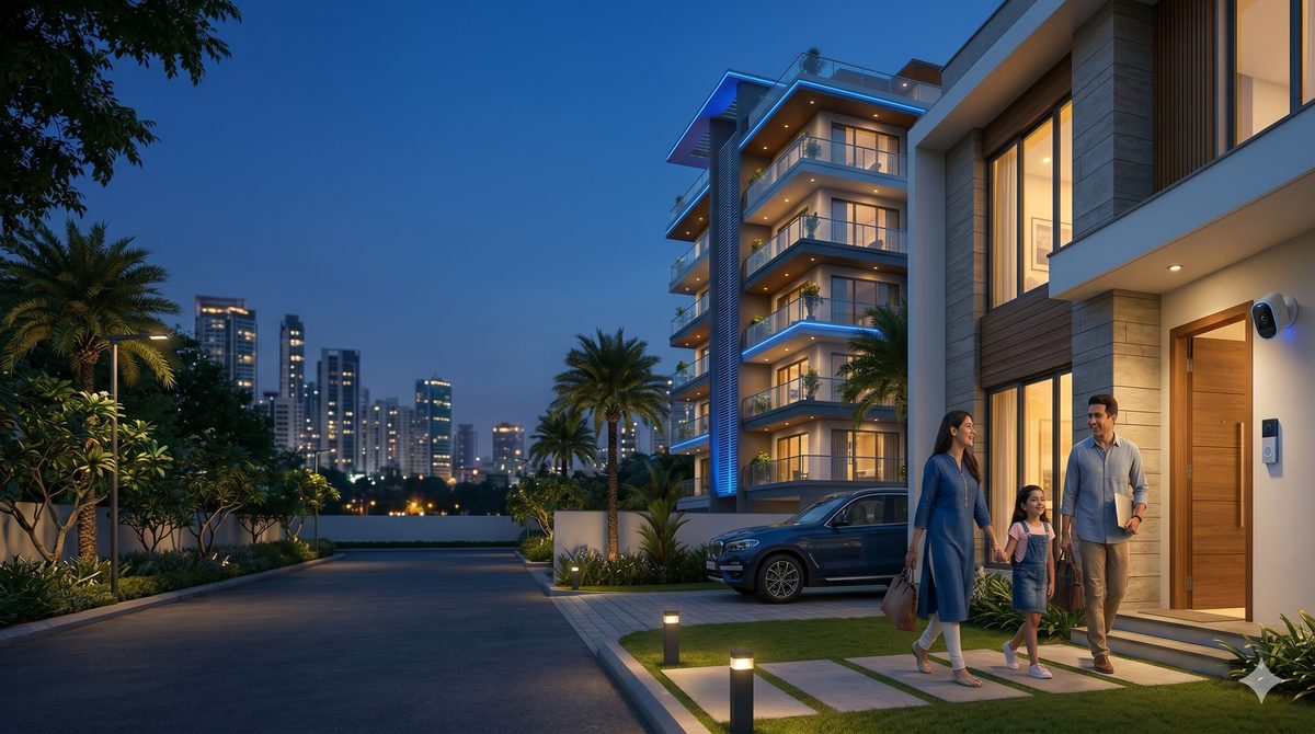 Defend metro leadership — premium homes in an Indian metro at dusk