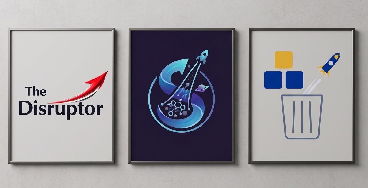 The Disruptor, The Slingshot and Build, Bin, Boost posters framed on a wall