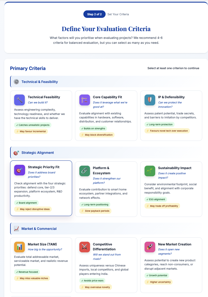 Define evaluation criteria across technical, strategic, and commercial dimensions