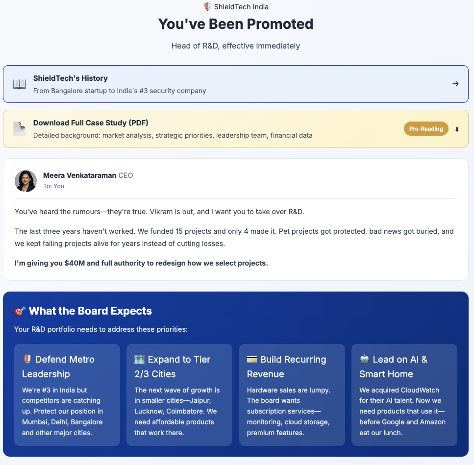 Introduction screen showing your promotion to Head of R&D at ShieldTech India