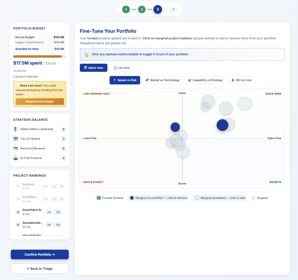 Portfolio builder with bubble chart showing risk vs speed