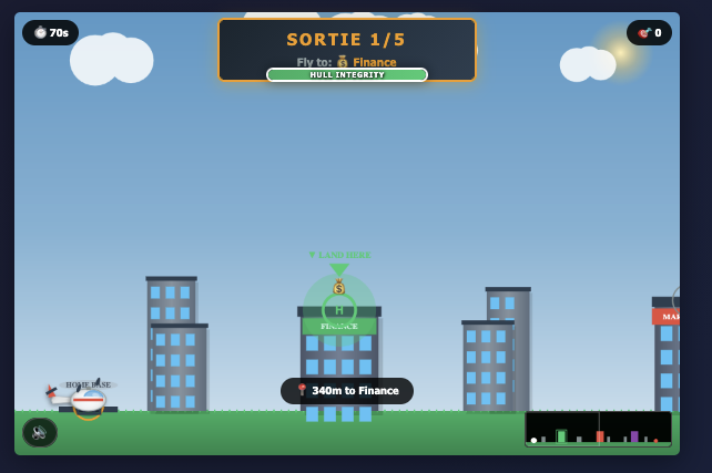 Resource Run mini-game with helicopter flying between buildings