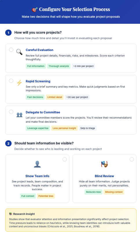 Configure how you will score projects and whether team info is visible